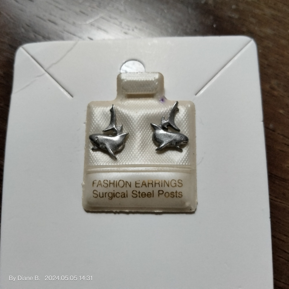 Silver Shark Post Earrings Surgical Steel